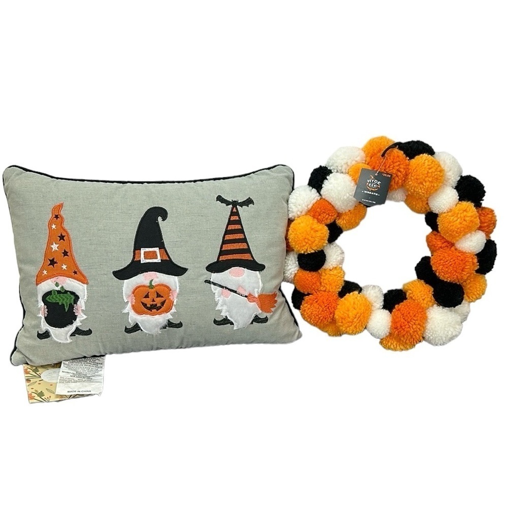 Secret Celebrity Hide & Eek Gnome‎ Feather Decor Pillow & Pom Wreath Halloween